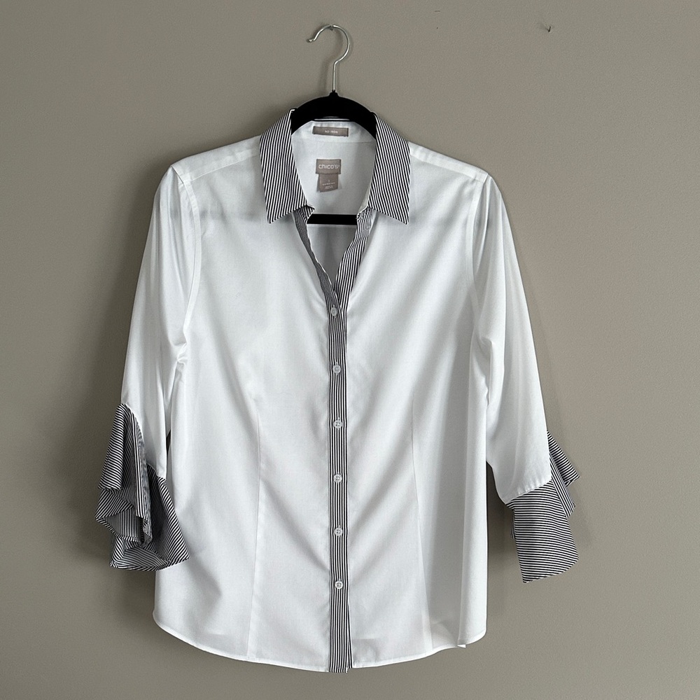 Chico’s No-Iron White Shirt Stripe Trim Sz 1